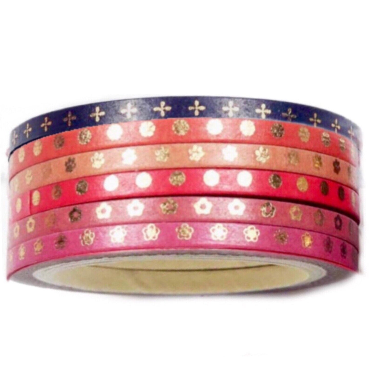 6x Roll Multi Colour 5 Meters per Roll 3mm Patterned Washi Tape