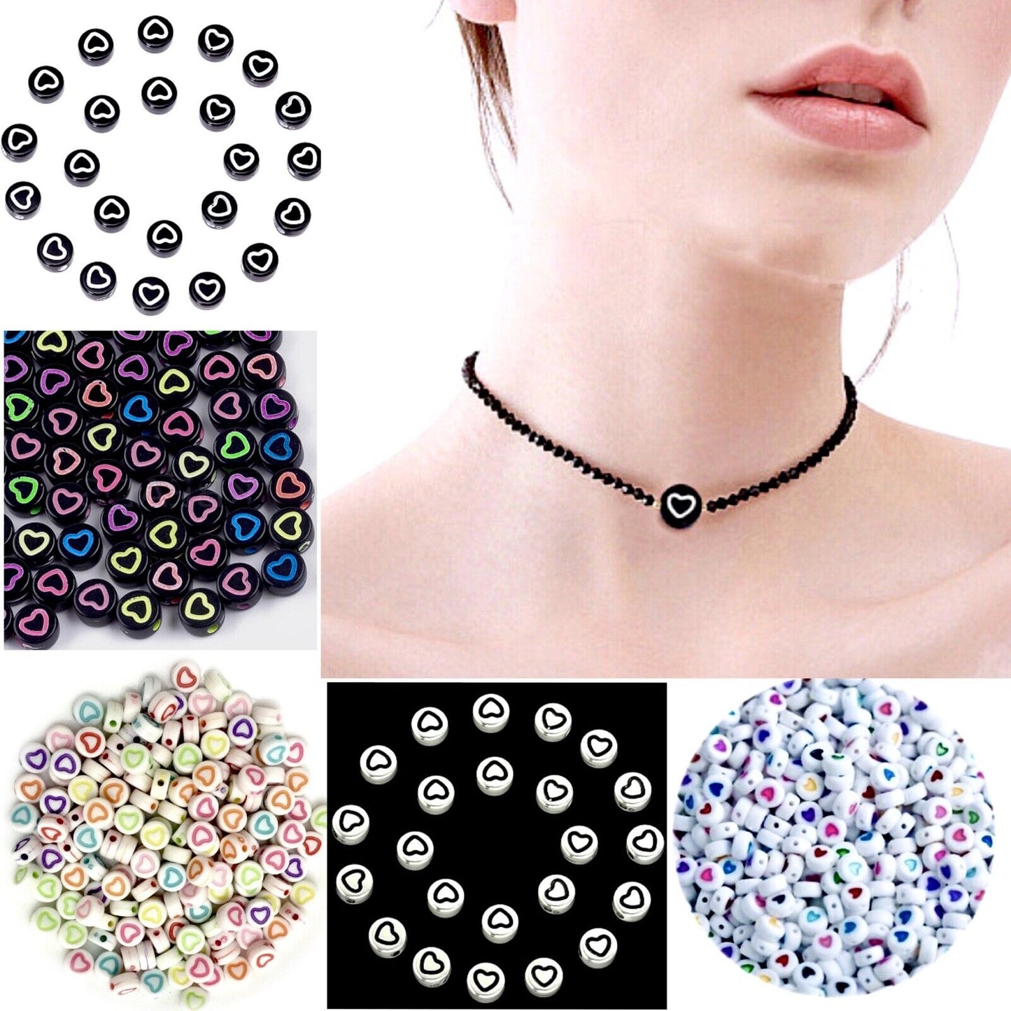 100 pcs Heart Design 7mmx3.5mm Flat Round Beads for Jewellery Craft Making