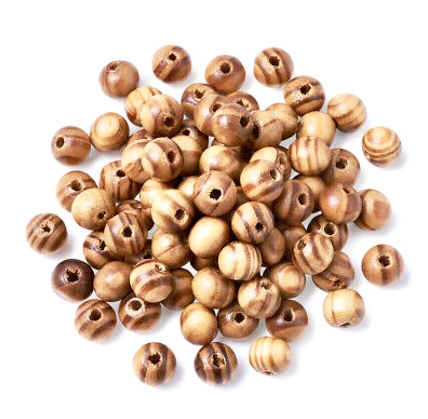 150x Natural Glossy 8mm or 6mm Burly Pine Wood Striped Beads