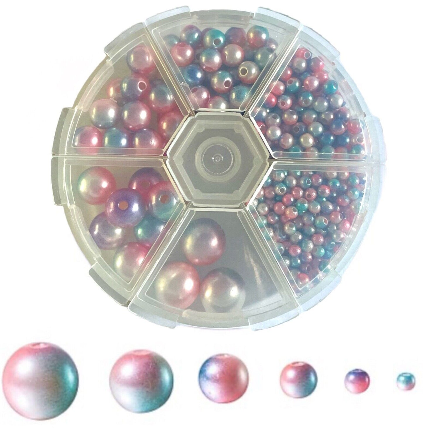 1x Set Multi Sizes Rainbow Mermaid Faux Pearl Beads w/ Organiser for Jewellery