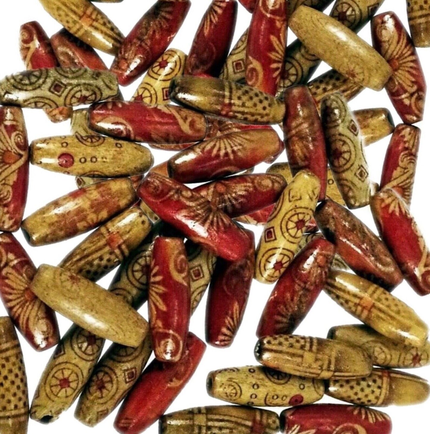 100 pcs Tubular Oval Printed Patterned Large Hole Wood Beads - Choose your Size