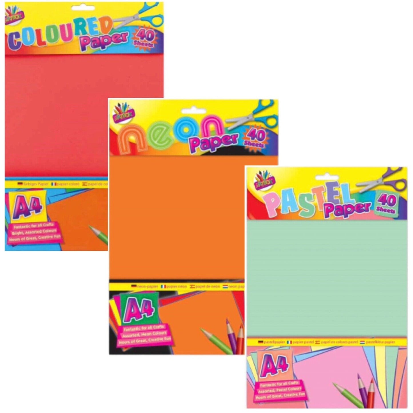40x Sheets of A4 Coloured Activity 80gsm Paper Craft - Bright, Neon or Pastel