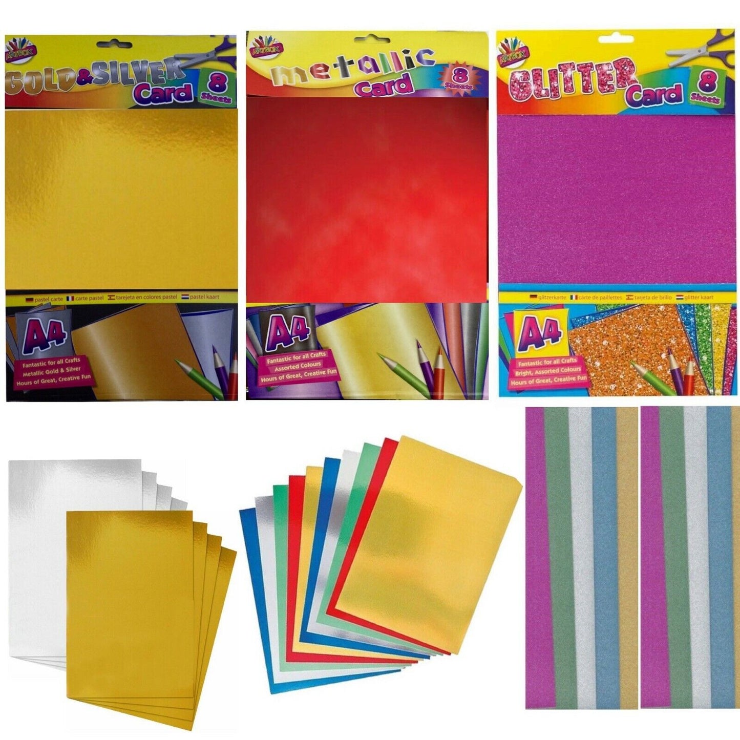 8x Sheets of A4 Board Card Craft - Gold/Silver, Metallic, Glitter, Holographic