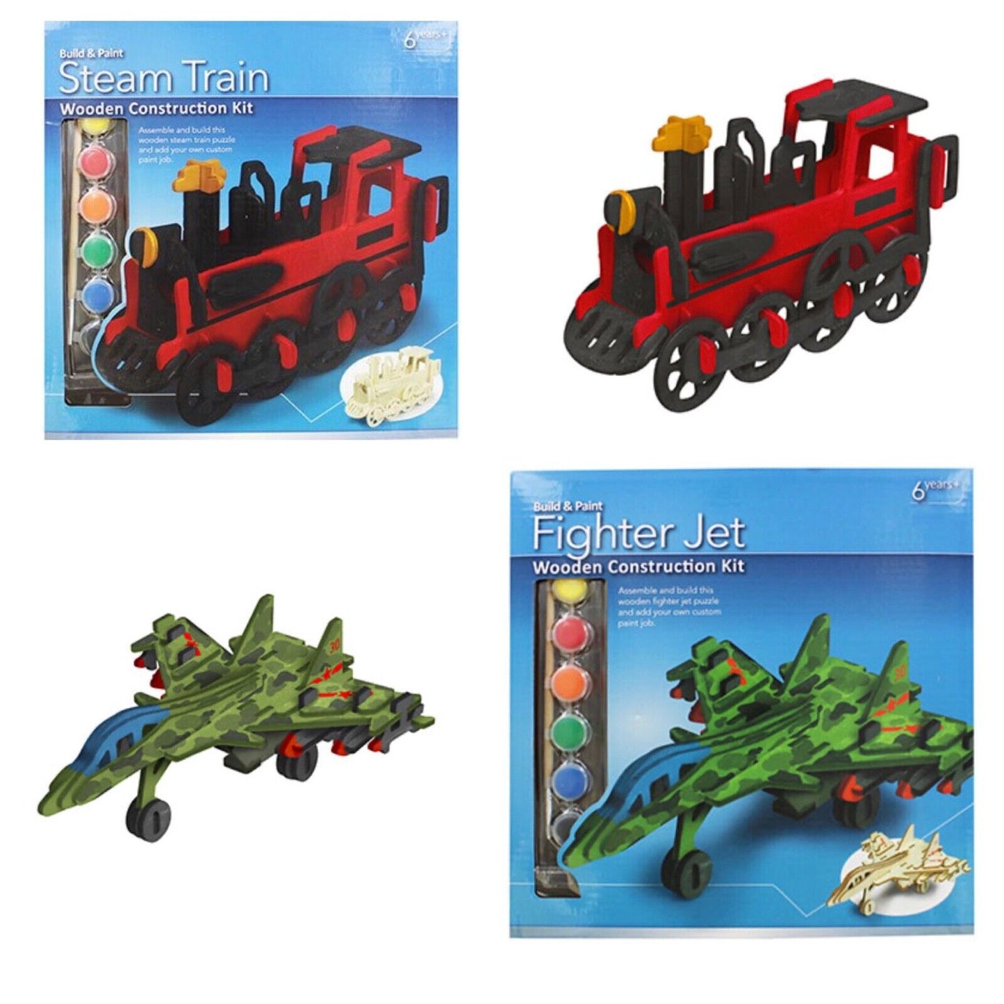 Build and Paint Wooden Jet Fighter or Steam Train Construction Kit