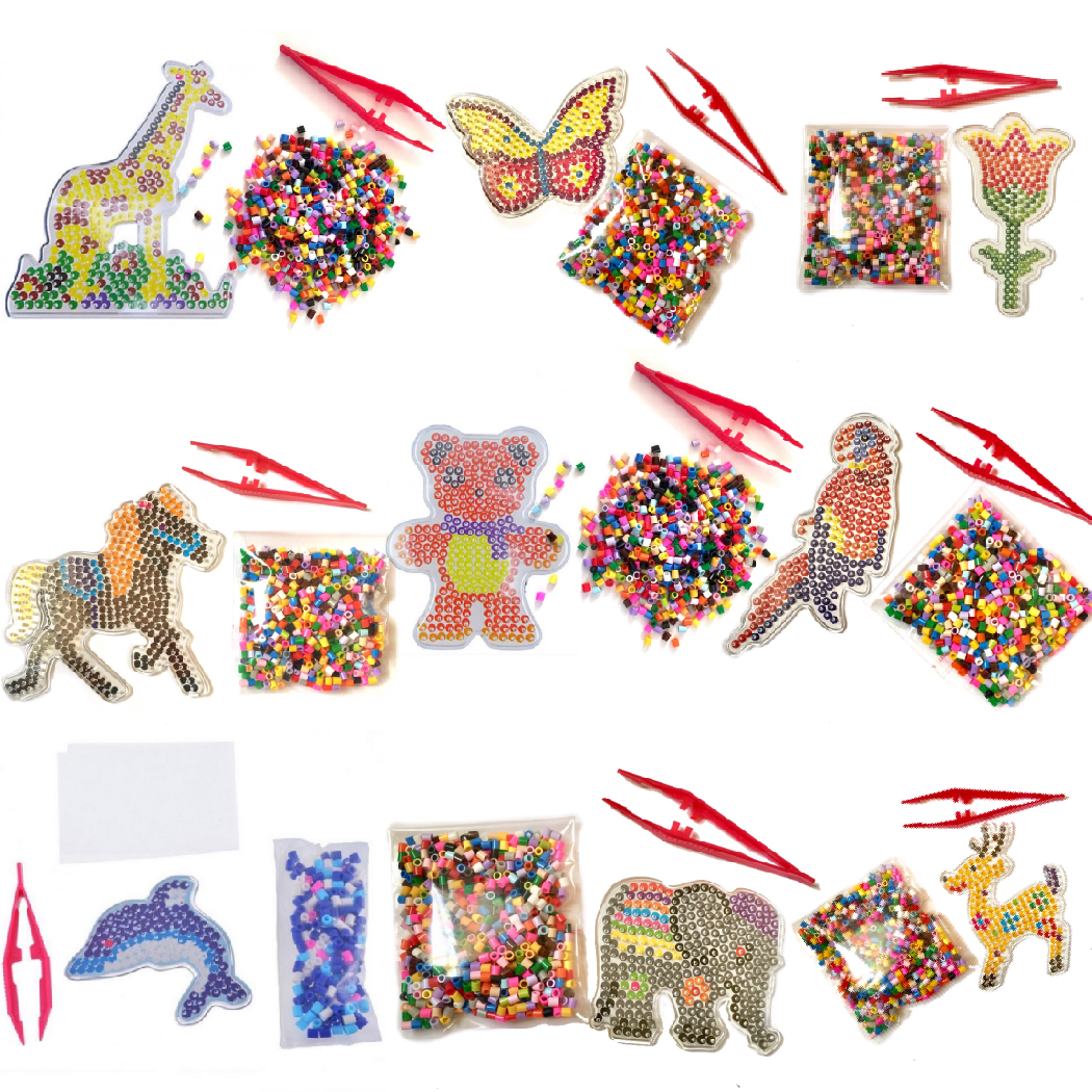 1x Set Mix Design Perler Peg Boards + 500x Multi Colour 5mm Iron On Fuse Beads B