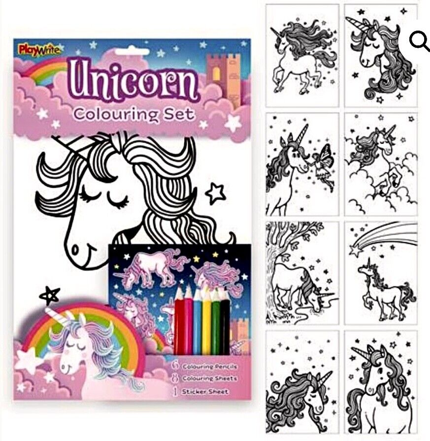 15pcs 1x Set Animals or Unicorn Colouring & Sticker Kit with Coloured Pencil