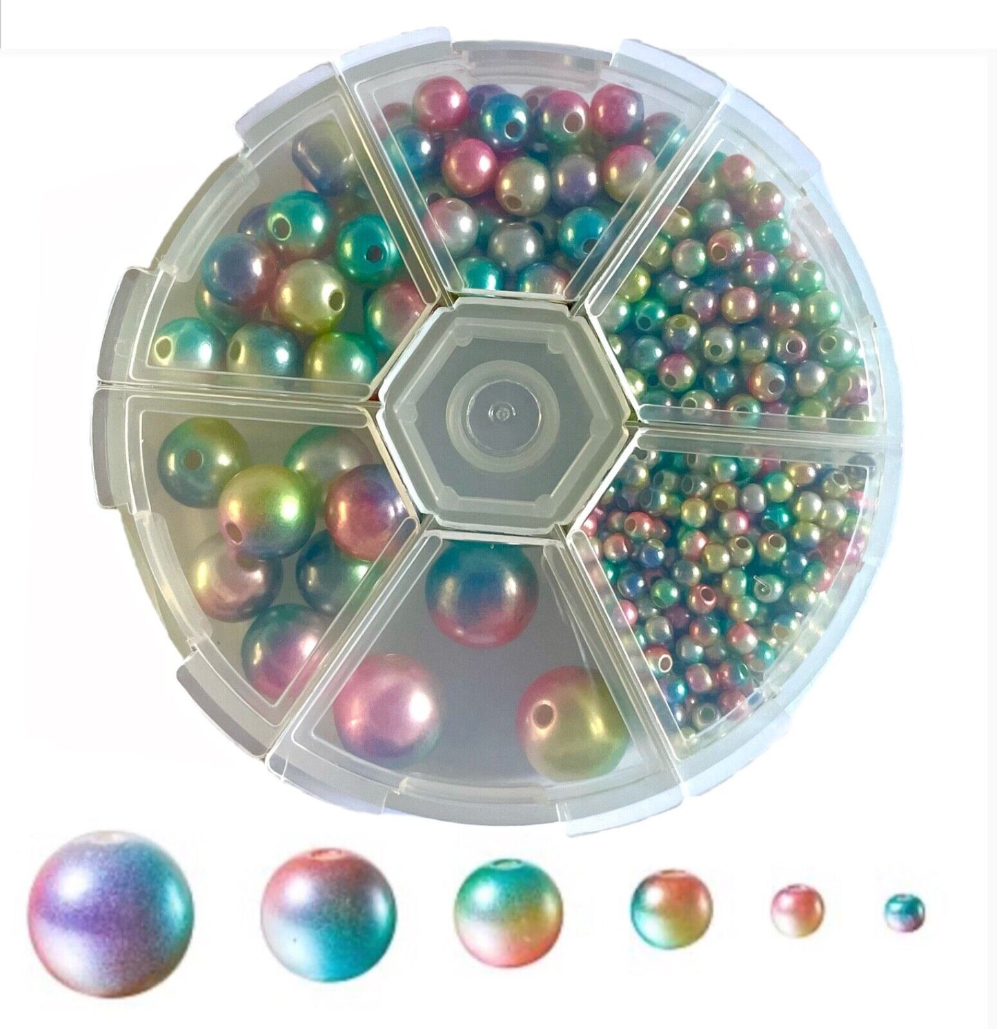 1x Set Multi Sizes Rainbow Mermaid Faux Pearl Beads w/ Organiser for Jewellery