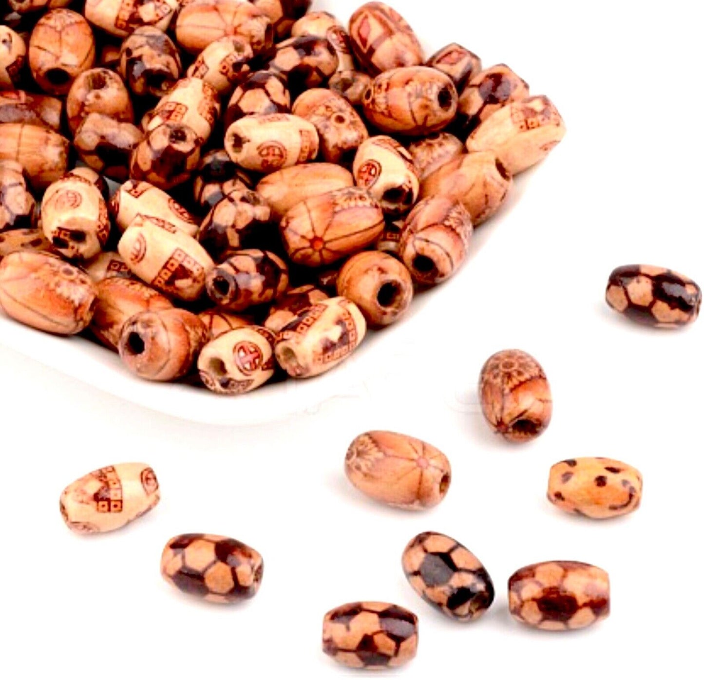 100 pcs Tubular Oval Printed Patterned Large Hole Wood Beads - Choose your Size