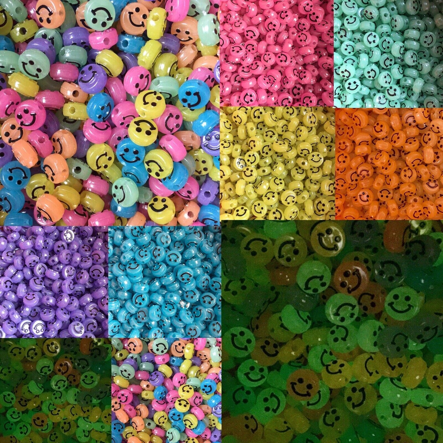 100x Glow in the Dark SmilIing Flat Round Disc Beads 10mmx5mm for Jewellery Making