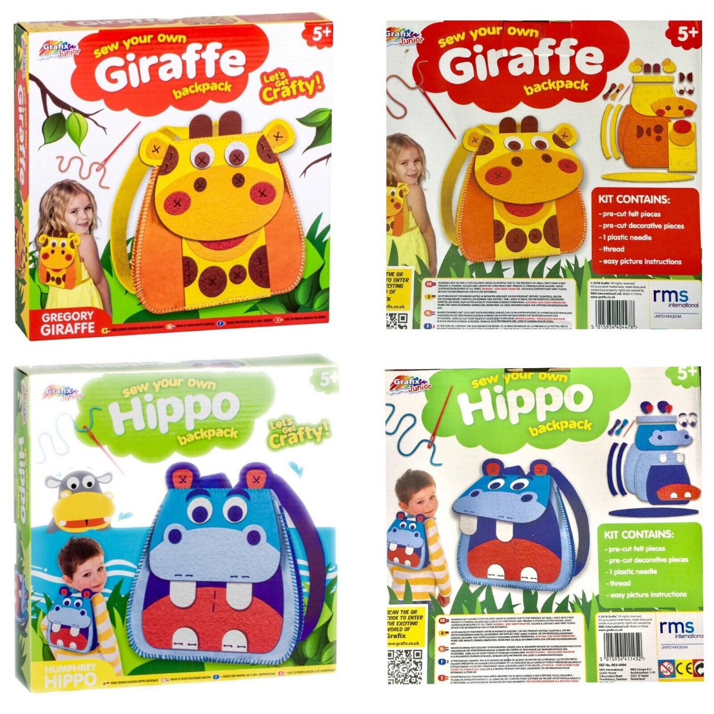 Sew and Make Your Own Animal Backpack DIY Kit - Choose Giraffe or Hippo