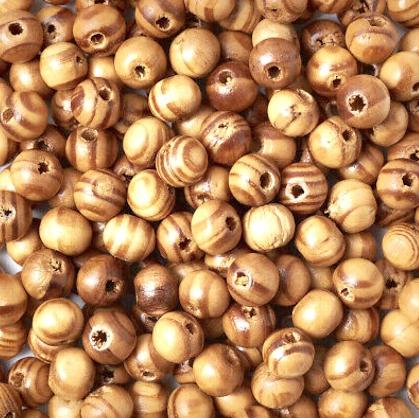 150x Natural Glossy 8mm or 6mm Burly Pine Wood Striped Beads