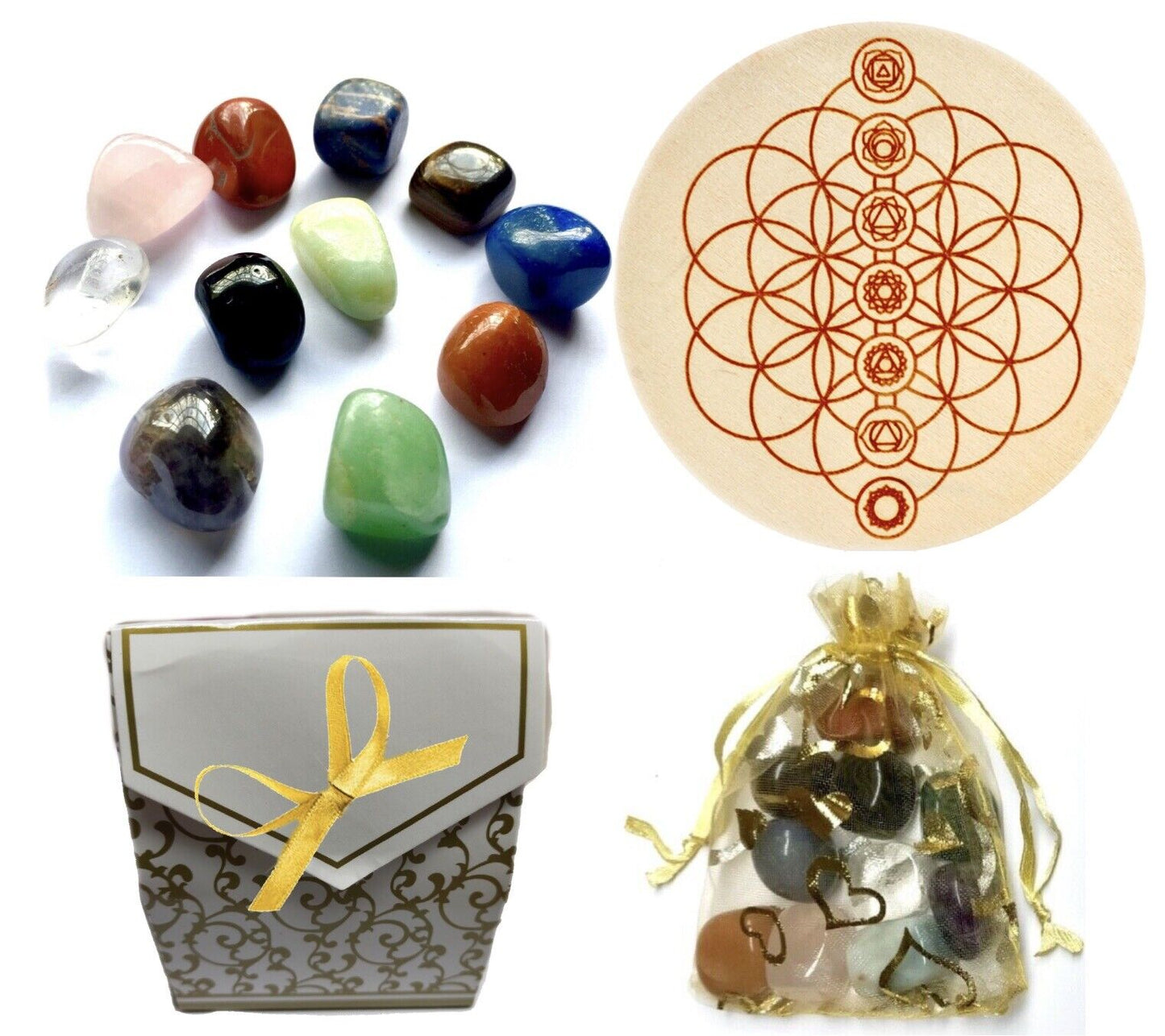 7pc Small or Large Chakra Crystals Natural Semi Precious Tumble Gemstone + Grid
