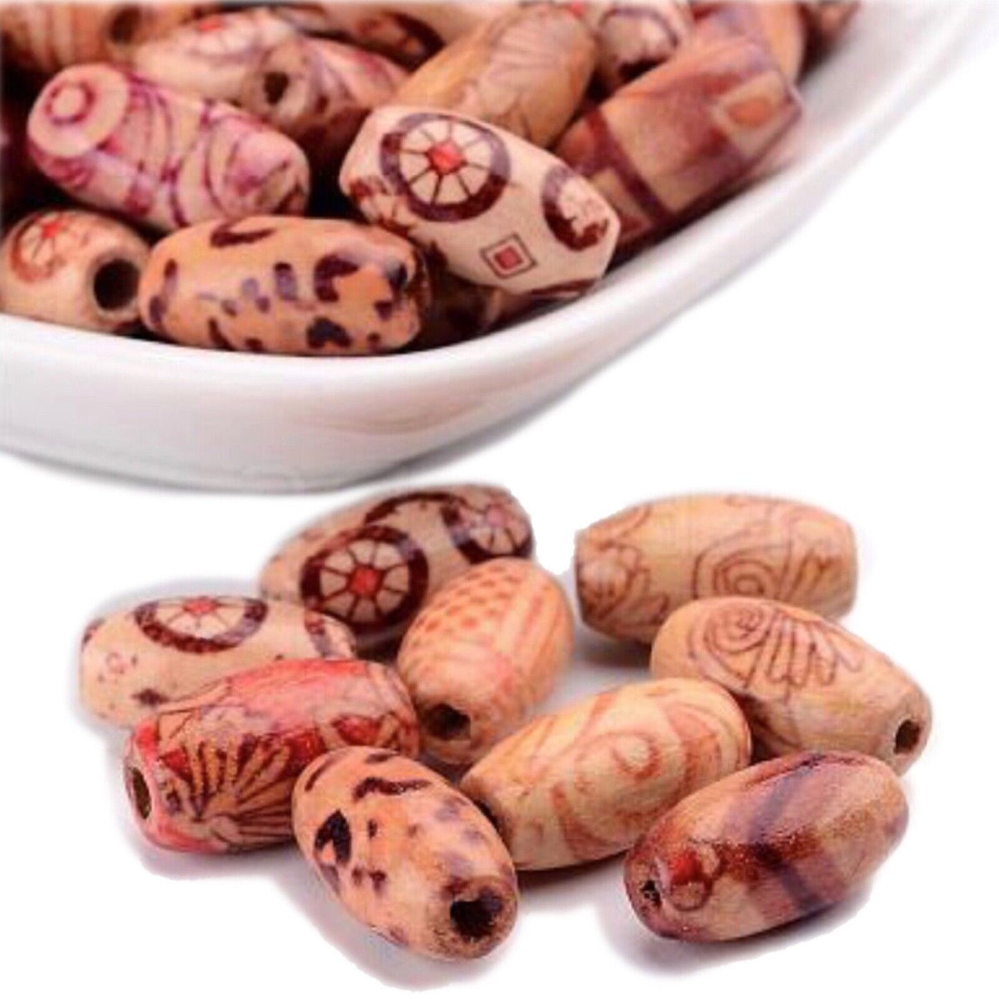 100 pcs Tubular Oval Printed Patterned Large Hole Wood Beads - Choose your Size