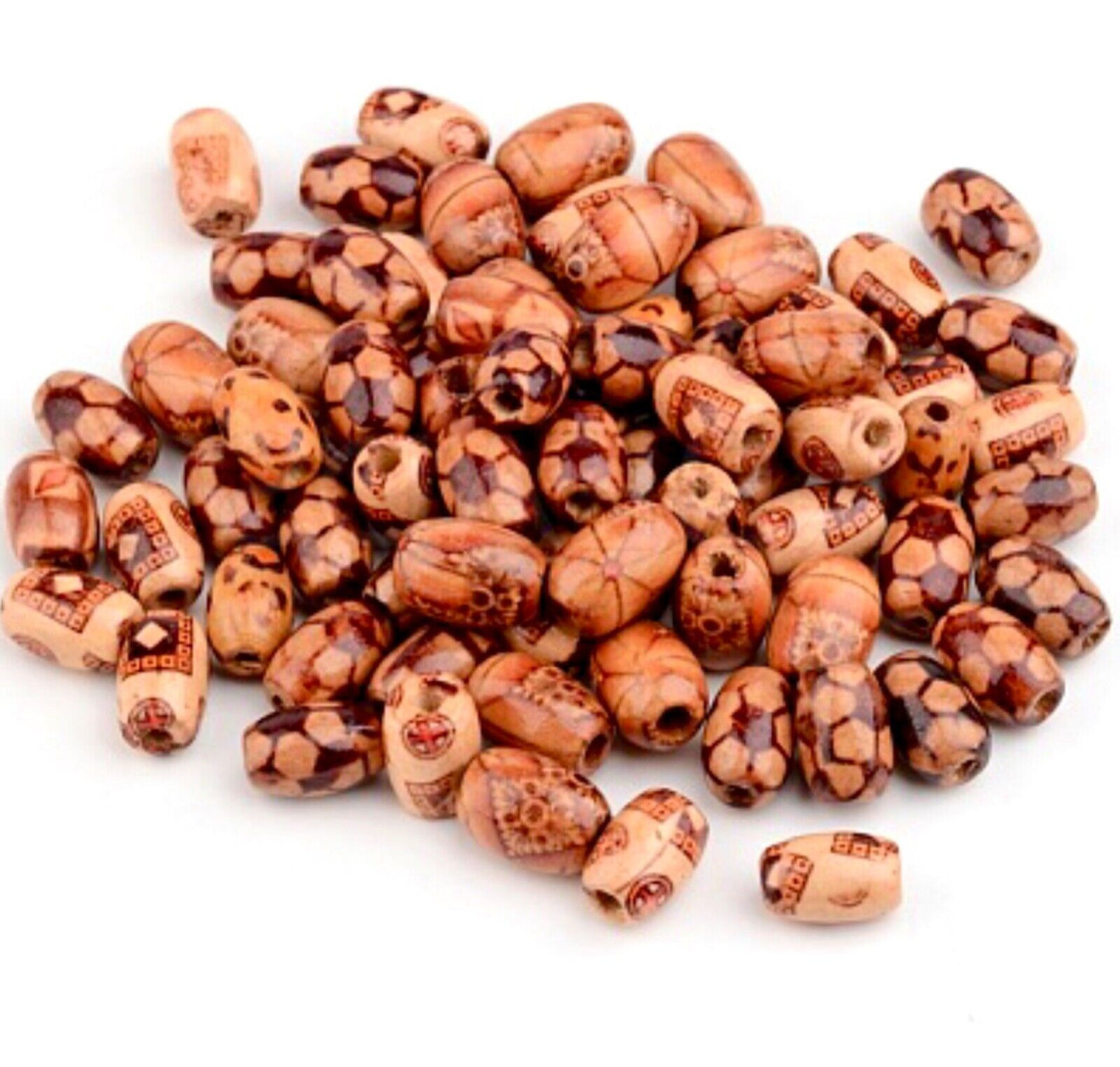 100 pcs Tubular Oval Printed Patterned Large Hole Wood Beads - Choose your Size
