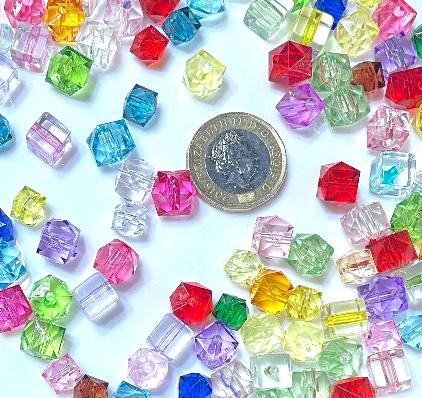 100 Cube Multicolour Transparent Crystal Acrylic 8mm to 10mm Beads