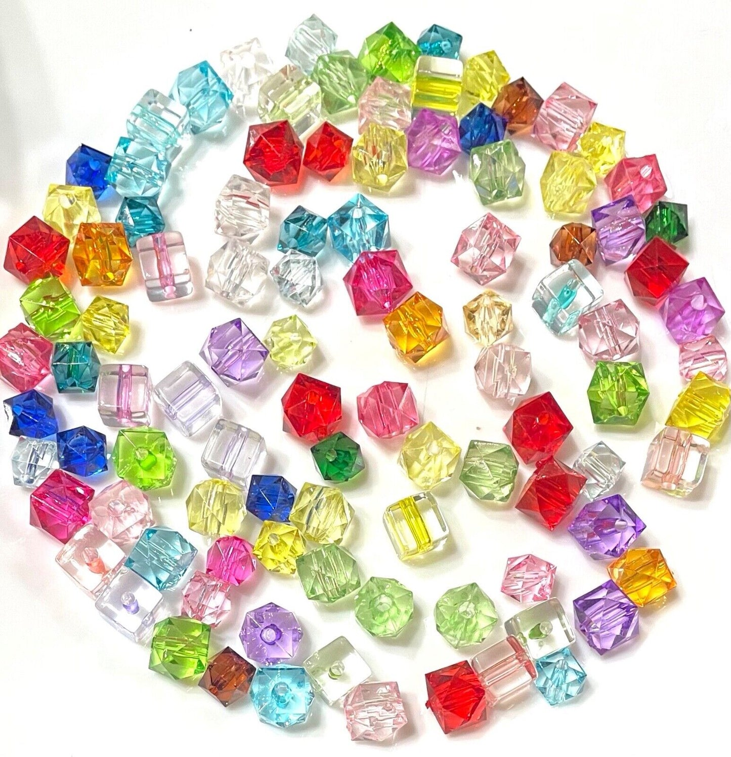 100 Cube Multicolour Transparent Crystal Acrylic 8mm to 10mm Beads