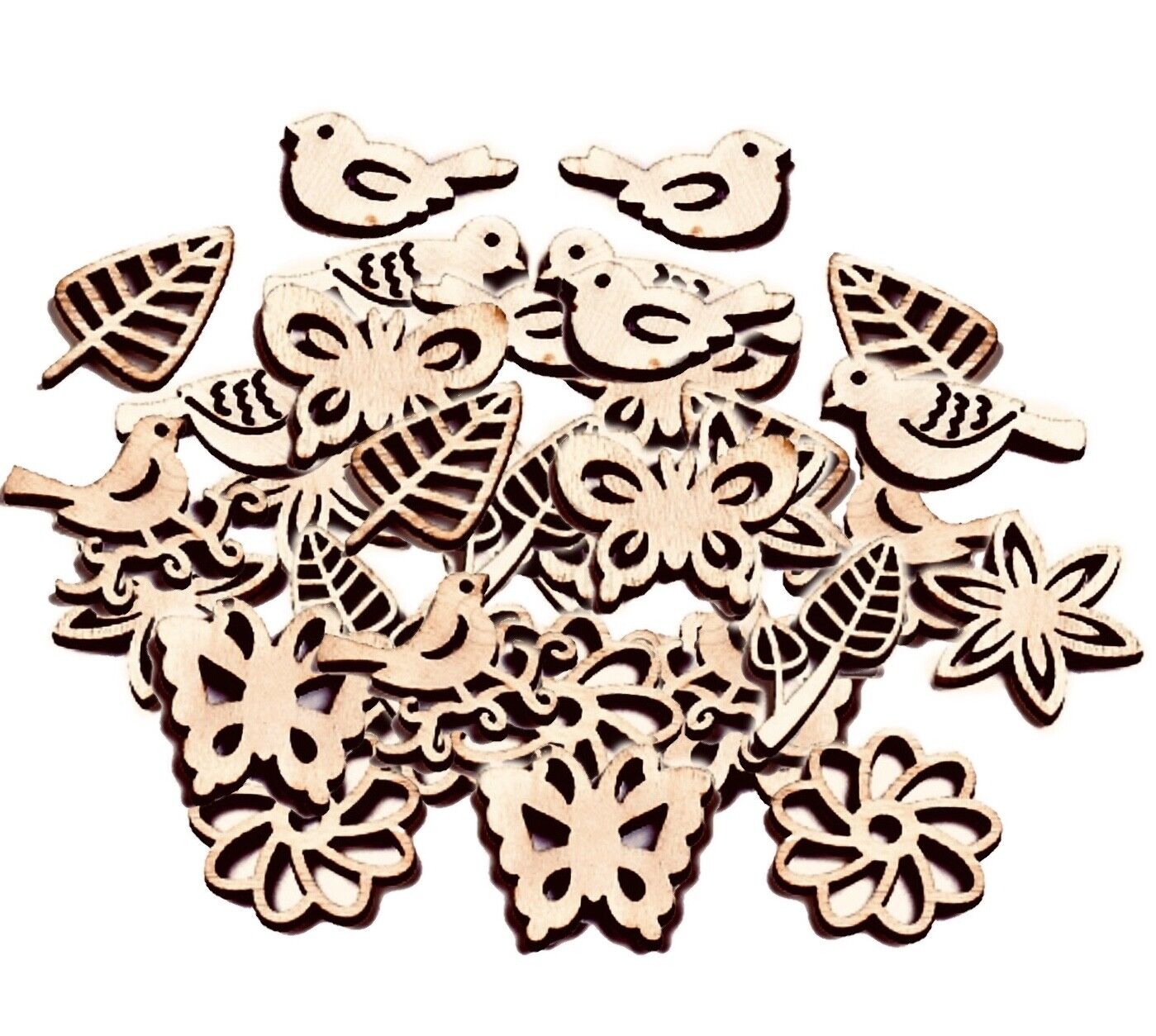 50x Small Laser Cut Flowers, Birds, Butterflies & Leaves Natural Wood Cabochon