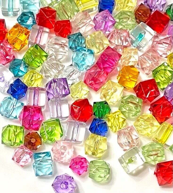 100 Cube Multicolour Transparent Crystal Acrylic 8mm to 10mm Beads