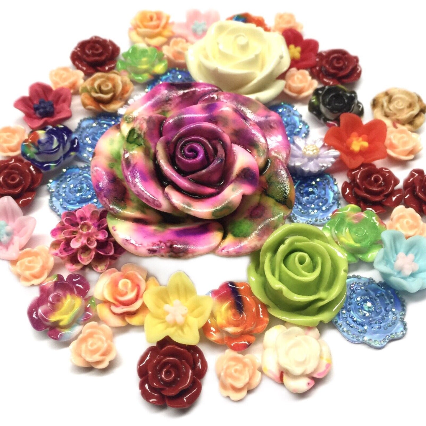 50x Mix Colour Mix Sizes Flat Back Resin Flower Cabochon