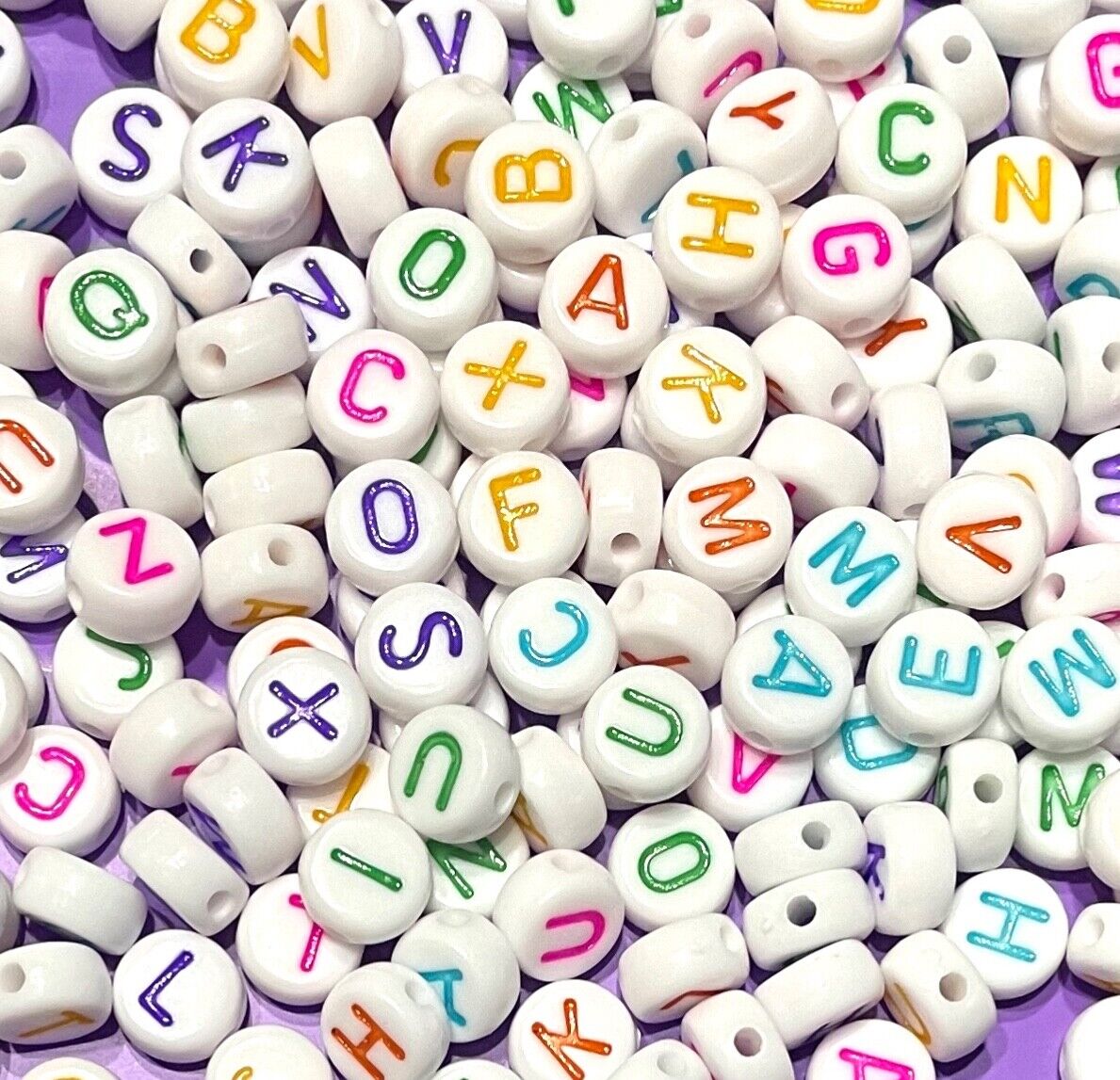 200x White Colour English Alphabet Multicolour Letter 7mm Flat Round Beads
