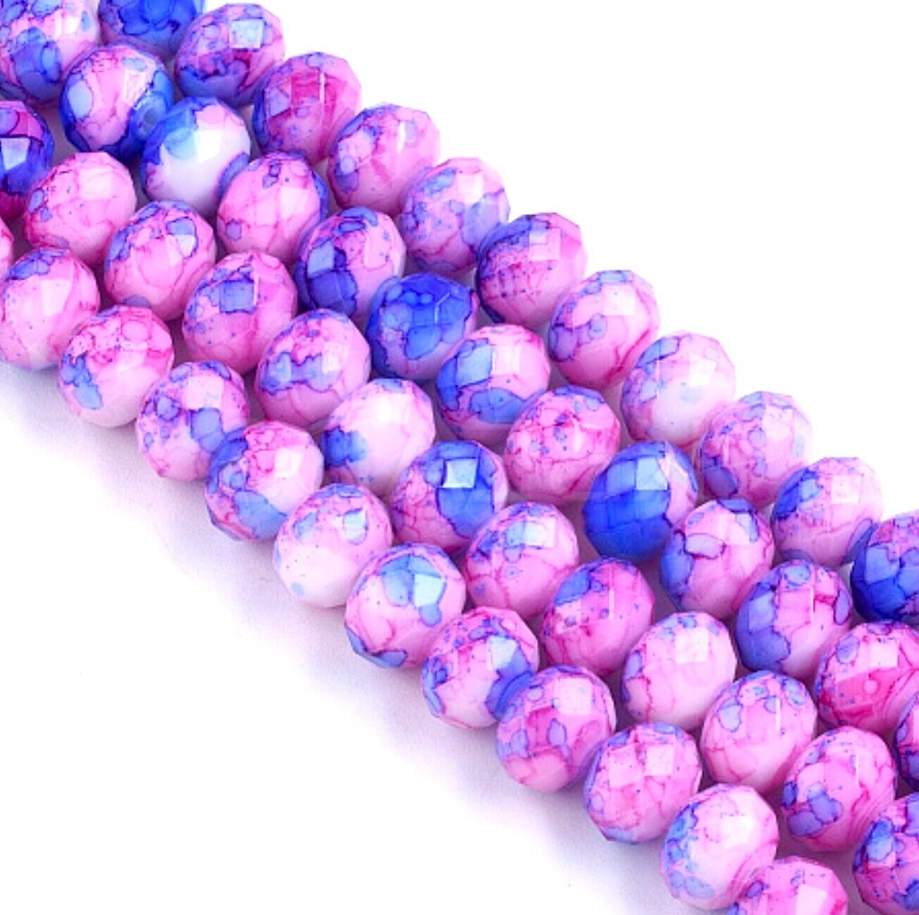 1x Strand Faceted Rondelle Pink Blue White Round 8.5mm x 6mm Glass Beads