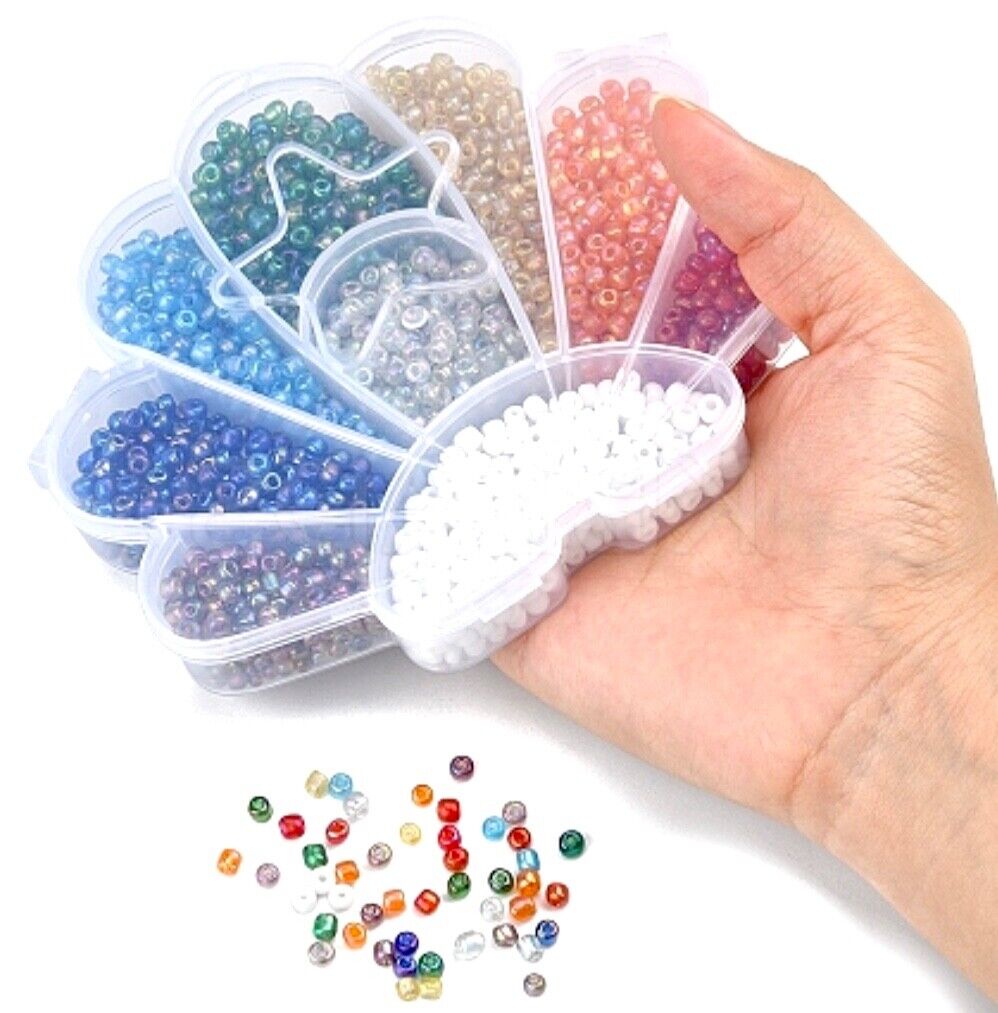 9x Colour 4mm 6/0 Glass Seed Beads with Shell Shape Storage