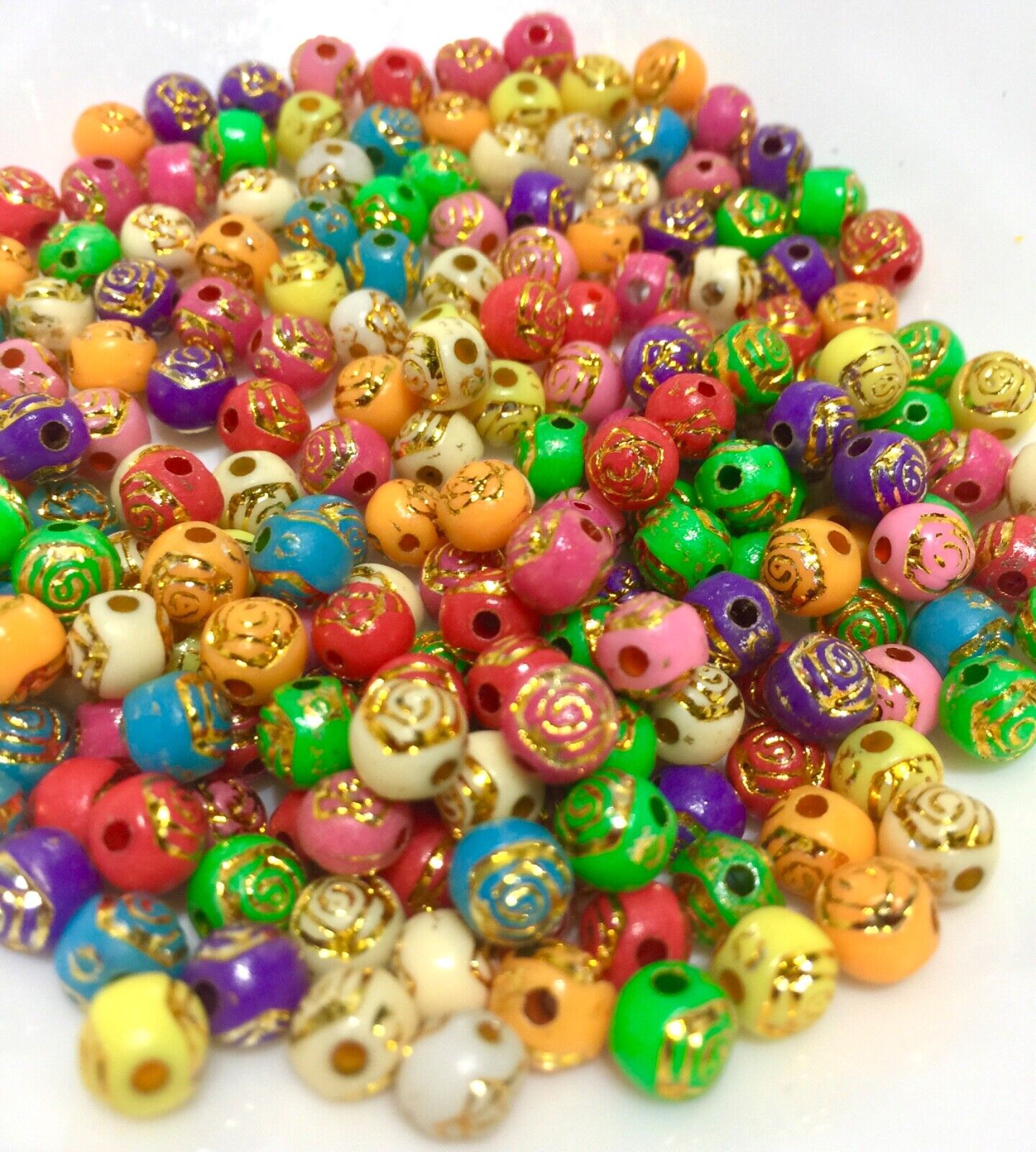 200x Multi Colour Rose Flower Gold Foil Lined 6mm Acrylic Beads