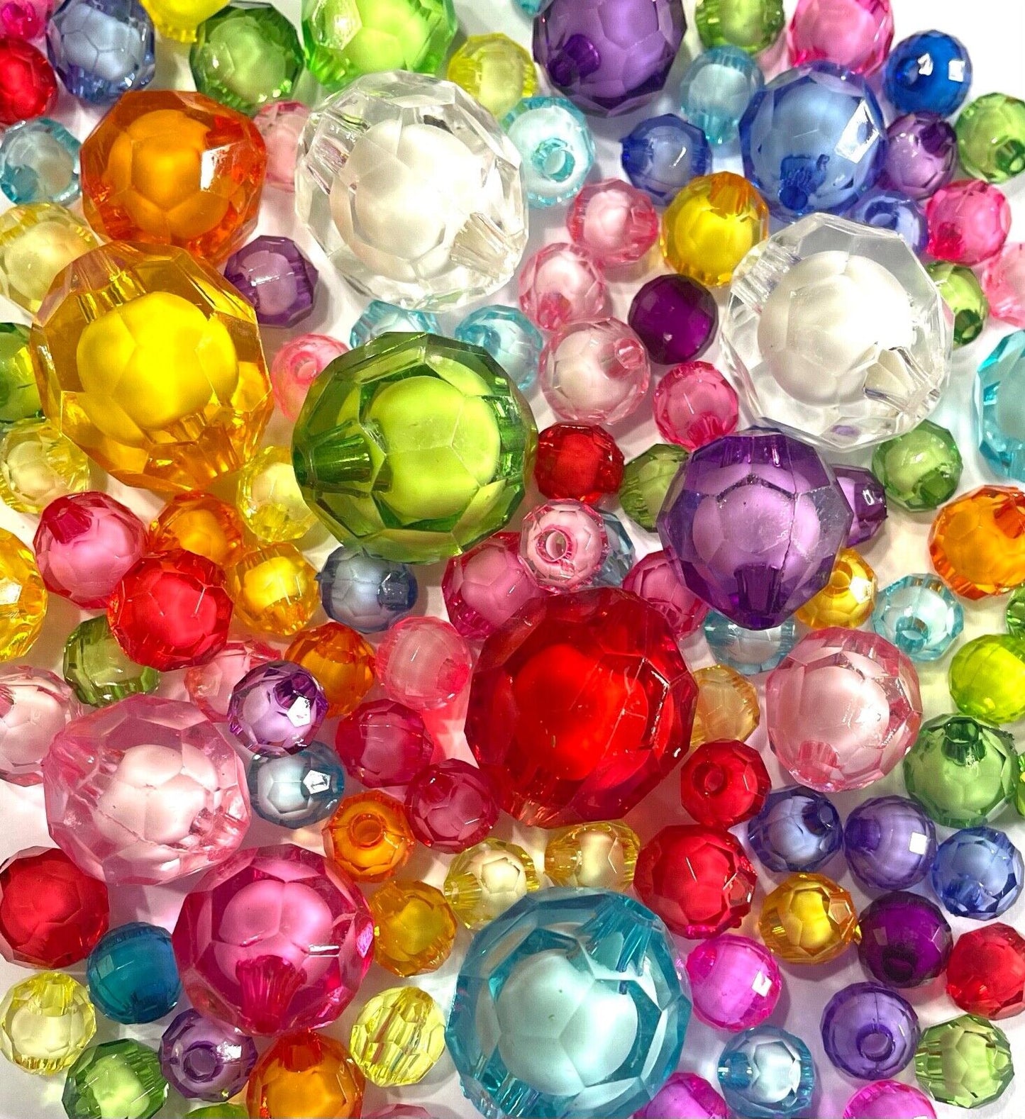 100x Faceted 7mm to 20mm Round Multicolour with White Core Acrylic Beads
