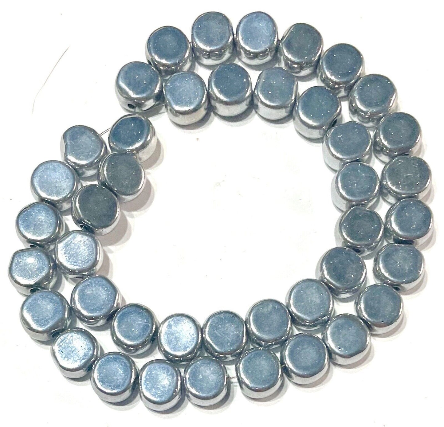 1x Strand Silver Tone 7mm Flat Round Glass Beads for Jewellery Making