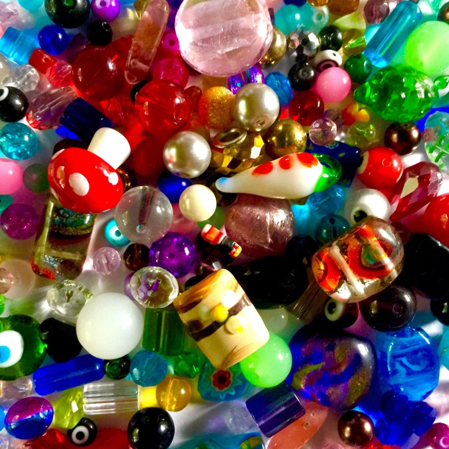 200 gms of Mix Glass and Millefiori and Foil Beads Sizes 6mm to 40mm