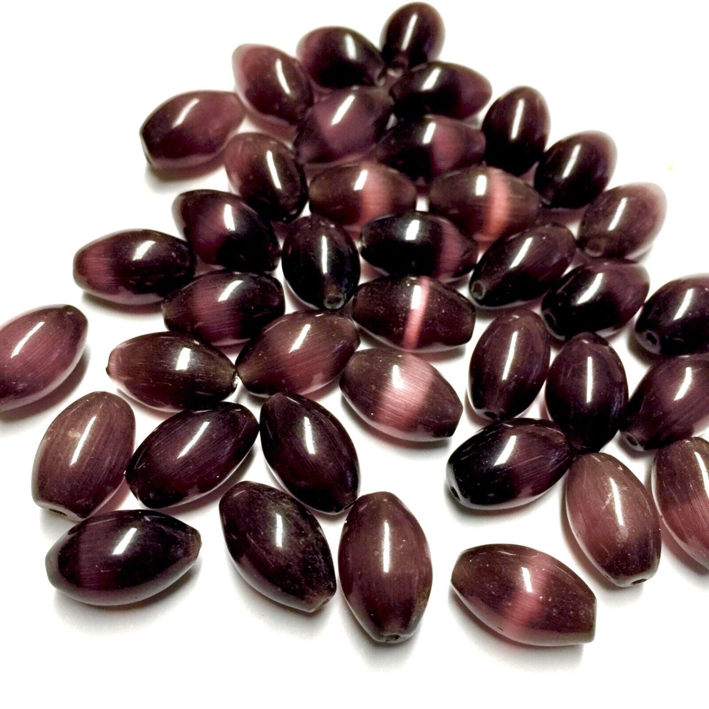 30 pcs Cat’s Eye Purplish Brown 14mm x 8mm Rice Shape Glass Loose Beads
