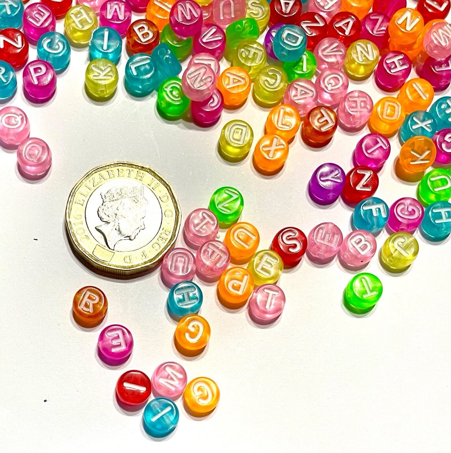 200x Jelly Colour English Alphabet White Letter 6mm Flat Round Beads