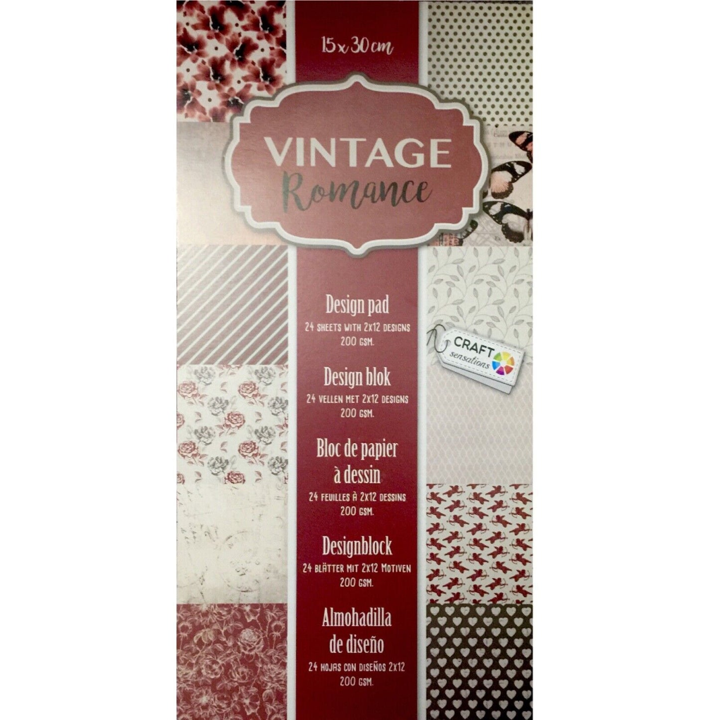 1x Vintage Romance 24 Sheet Design Pad for Paper Craft - 15cm x 30cm