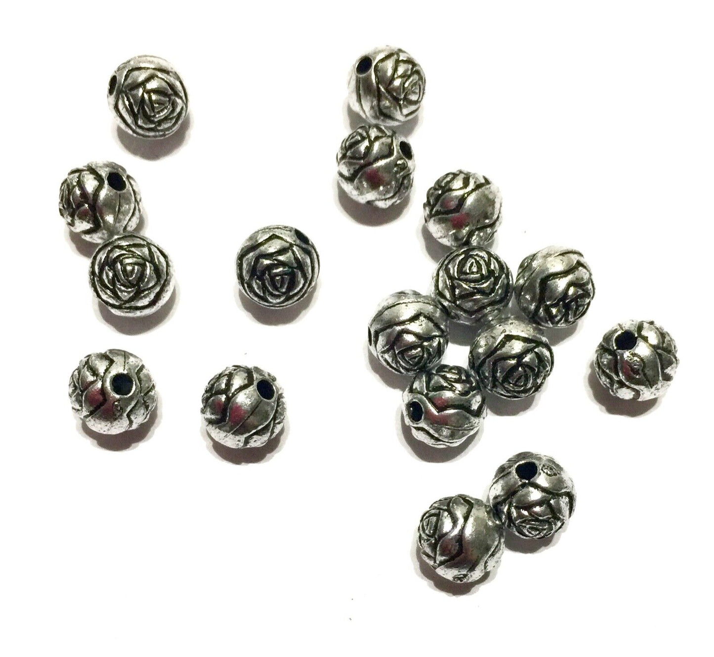 150x Silver Tone Rose Flower 6mm Round Beads