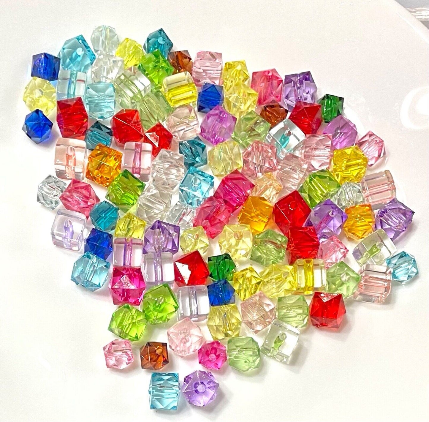 100 Cube Multicolour Transparent Crystal Acrylic 8mm to 10mm Beads