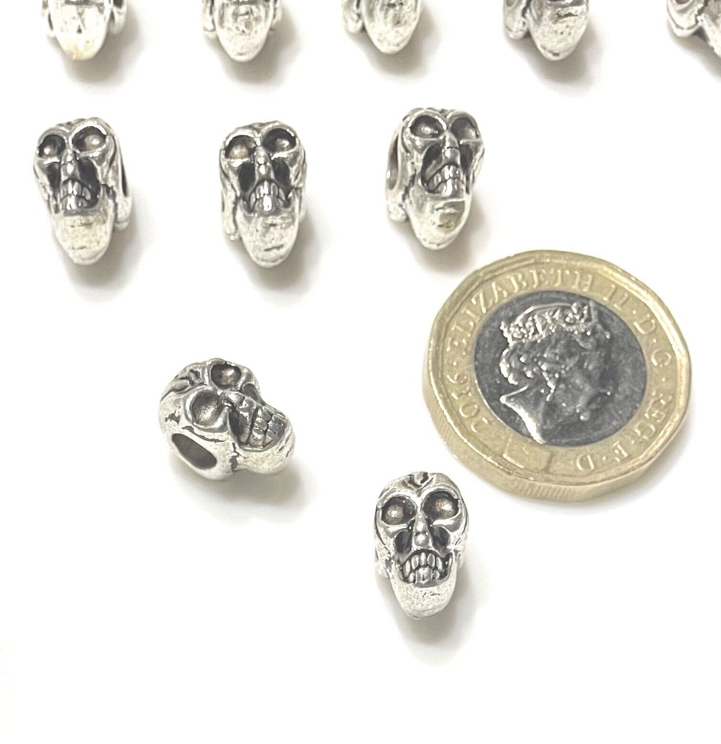 10x SKULL DESIGN METAL TIBETAN ANTIQUE STYLE CHARM LARGE HOLE BEADS
