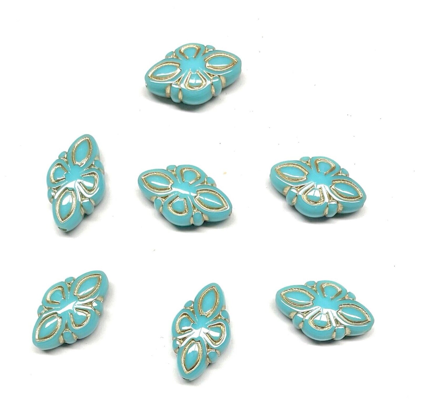50pcs Golden Metal Enlaced Turquoise Green Rhombus 16mm Charm Beads