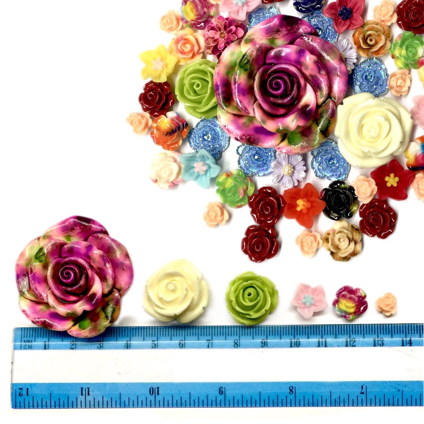 50x Mix Colour Mix Sizes Flat Back Resin Flower Cabochon