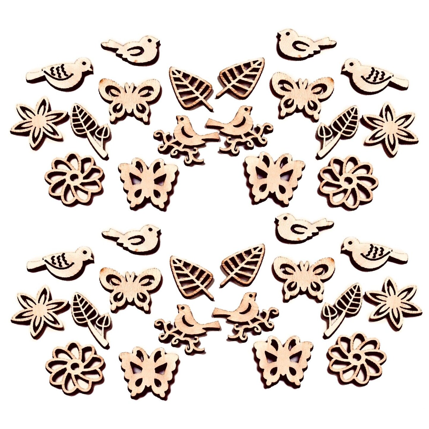 50x Small Laser Cut Flowers, Birds, Butterflies & Leaves Natural Wood Cabochon