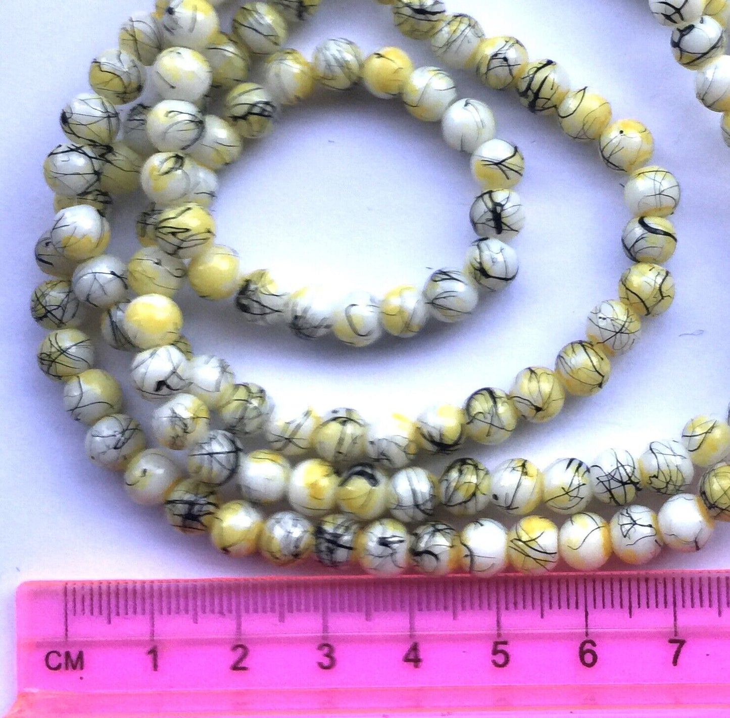 1x Strand 130pcs Yellow Round 6mm Printed Drawbench Glass Beads for Jewellery