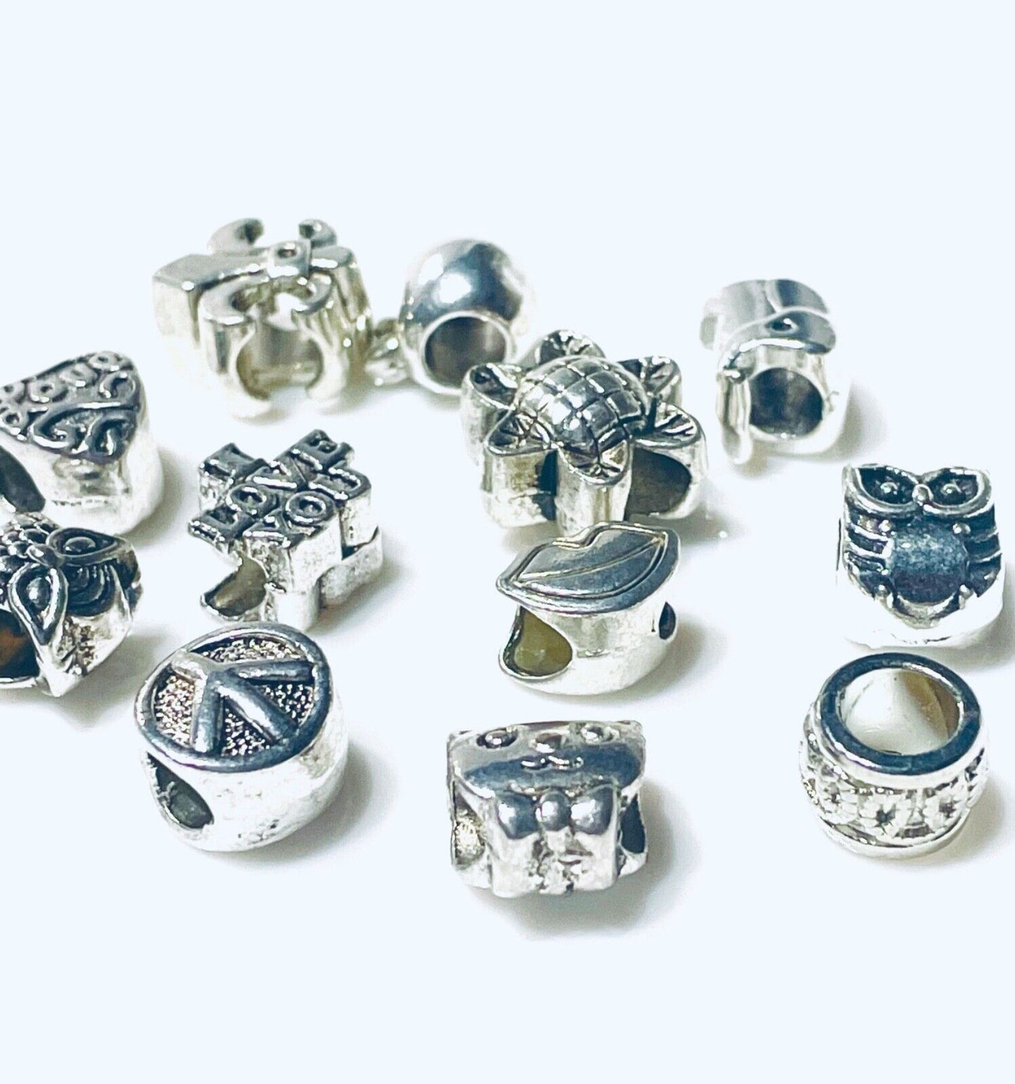12x MULTI DESIGN METAL ANTIQUE STYLE EUROPEAN CHARM LARGE HOLE BEADS