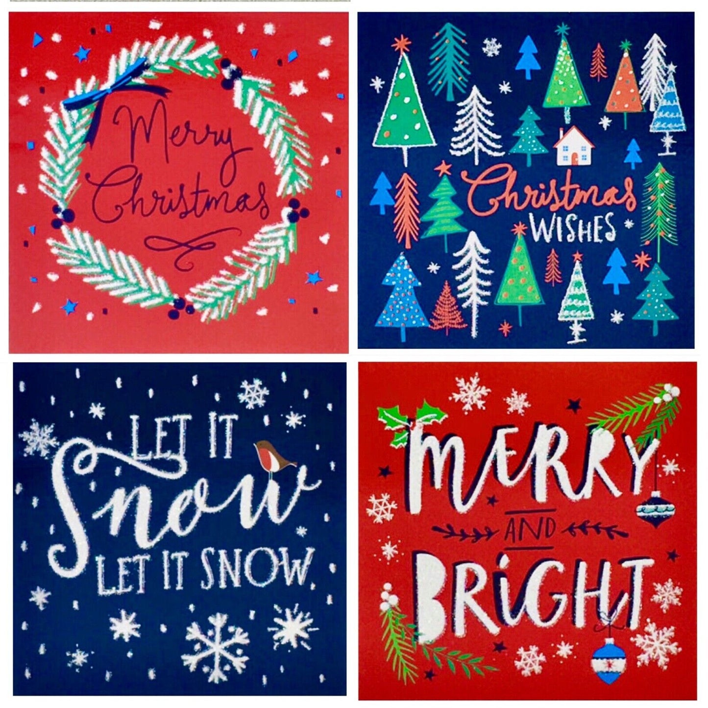 Pack of 12 Sparkly Glitter Christmas Note Cards with Envelope 9.5cm x 9.5cm