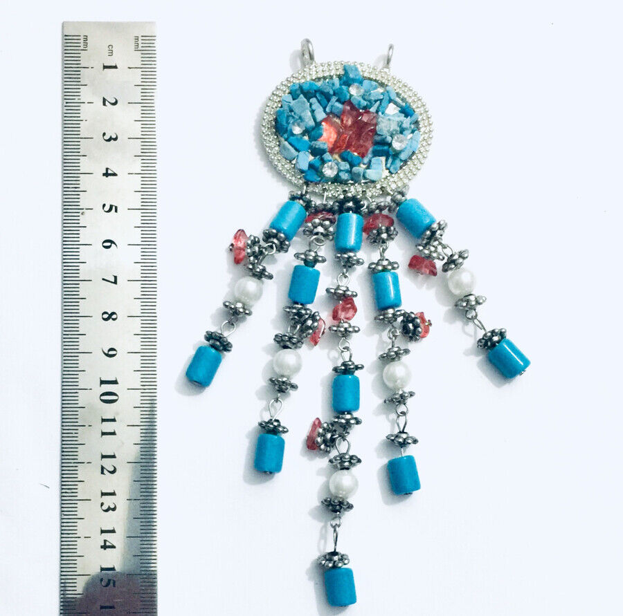 Metal and Turquoise Bead 4.5cm x 15cm Vintage Style Pendant