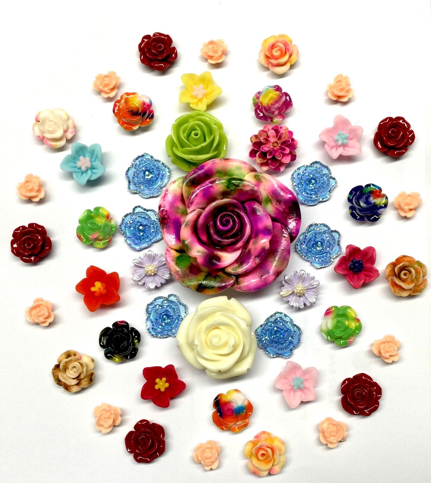 50x Mix Colour Mix Sizes Flat Back Resin Flower Cabochon