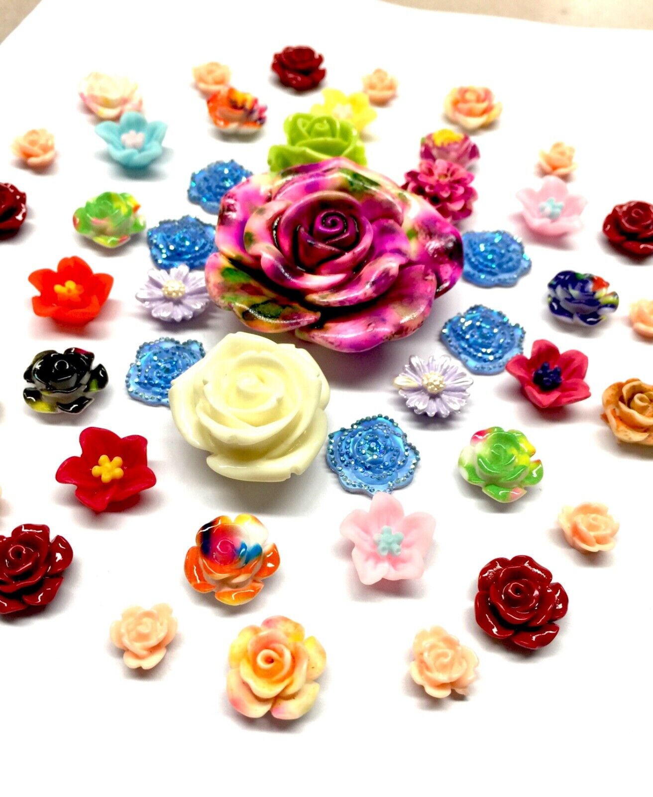 50x Mix Colour Mix Sizes Flat Back Resin Flower Cabochon