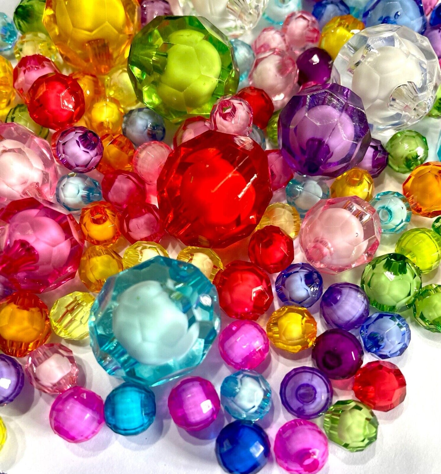 100x Faceted 7mm to 20mm Round Multicolour with White Core Acrylic Beads