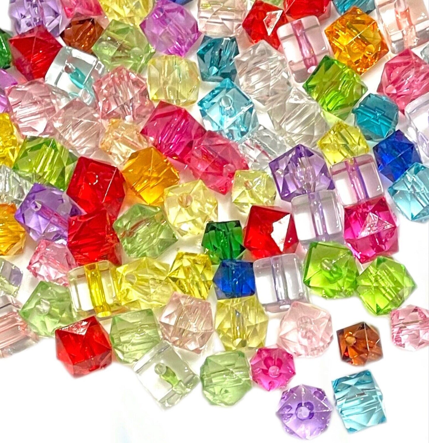 100 Cube Multicolour Transparent Crystal Acrylic 8mm to 10mm Beads