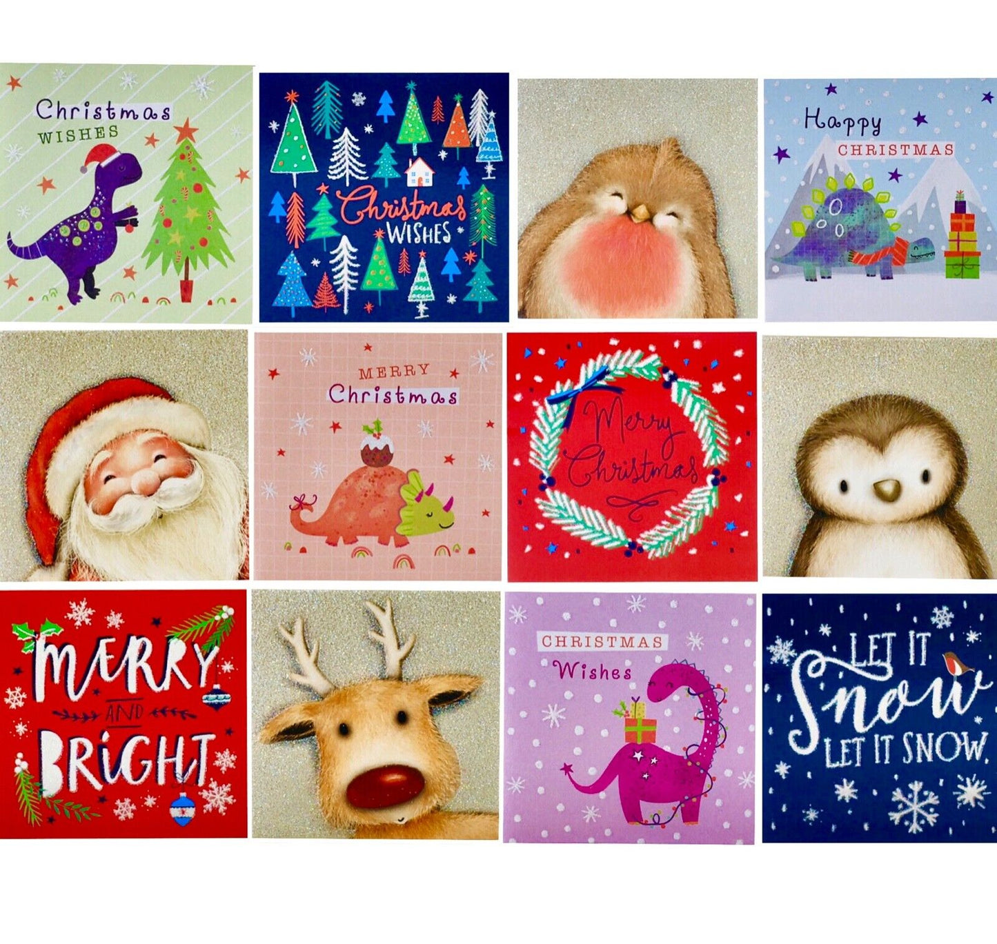 Pack of 12 Sparkly Glitter Christmas Note Cards with Envelope 9.5cm x 9.5cm