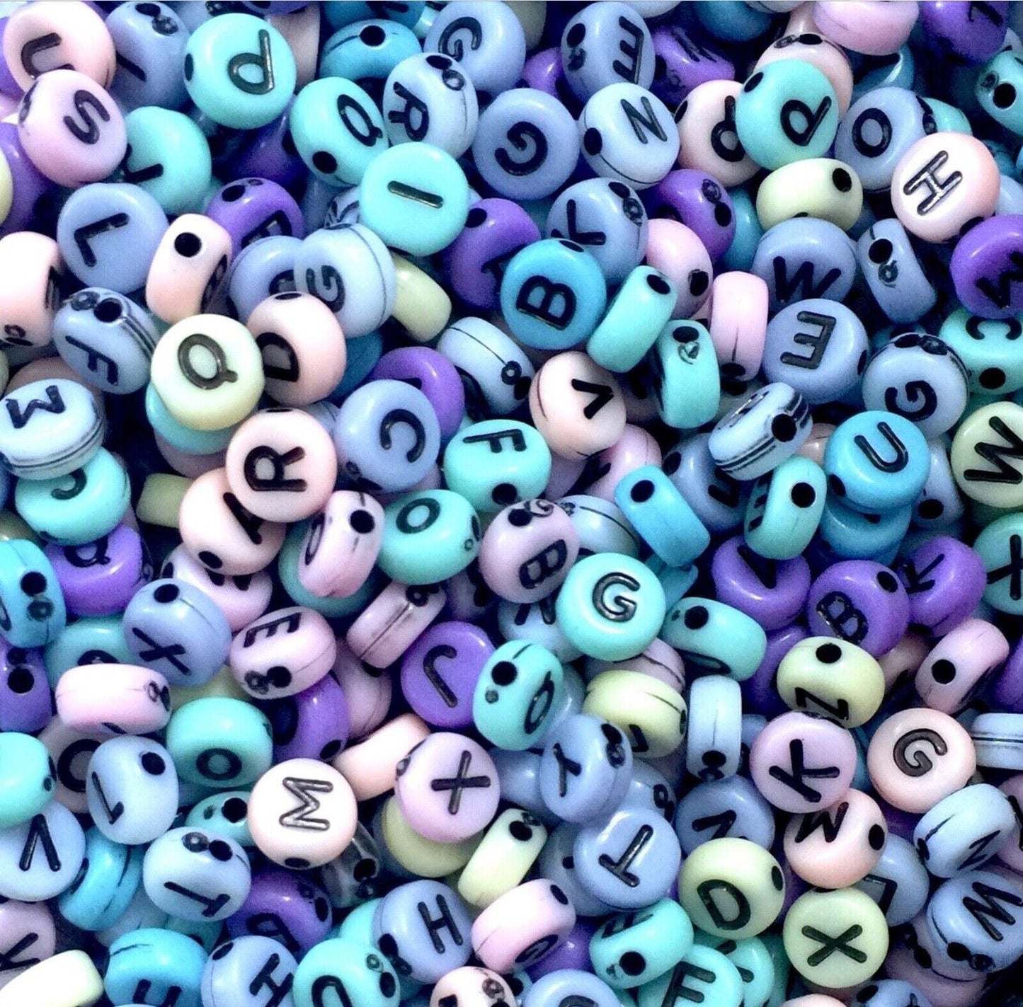 200x Pastel Colour English Alphabet Black Letter 6mm Flat Round Beads