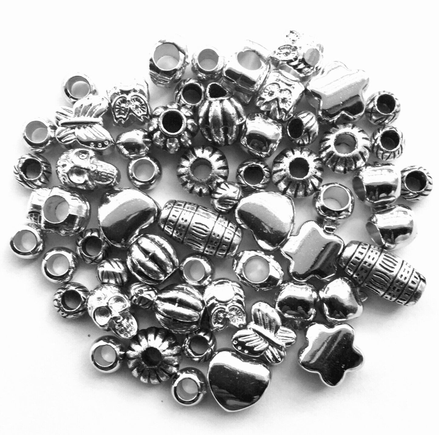 55x Silver & Antique Silver European Style Large Hole Acrylic Beads
